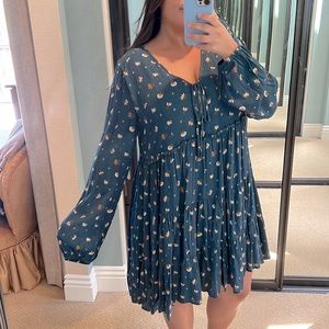 Teal Floral Print Babydoll Mini Dress with Long Puff Sleeves